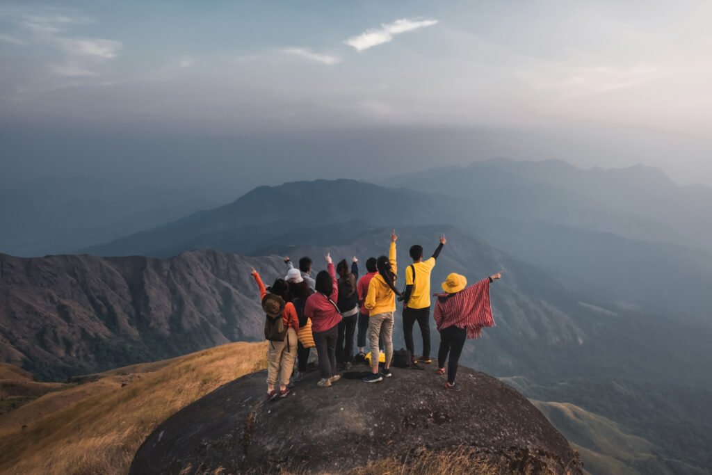 Hiking Travellers Group Colorful Shirts Standing Middle Golden Meadow Mountain Biew Pointing Your Finger Their Own Destination Mulayit Taung Myanmar
